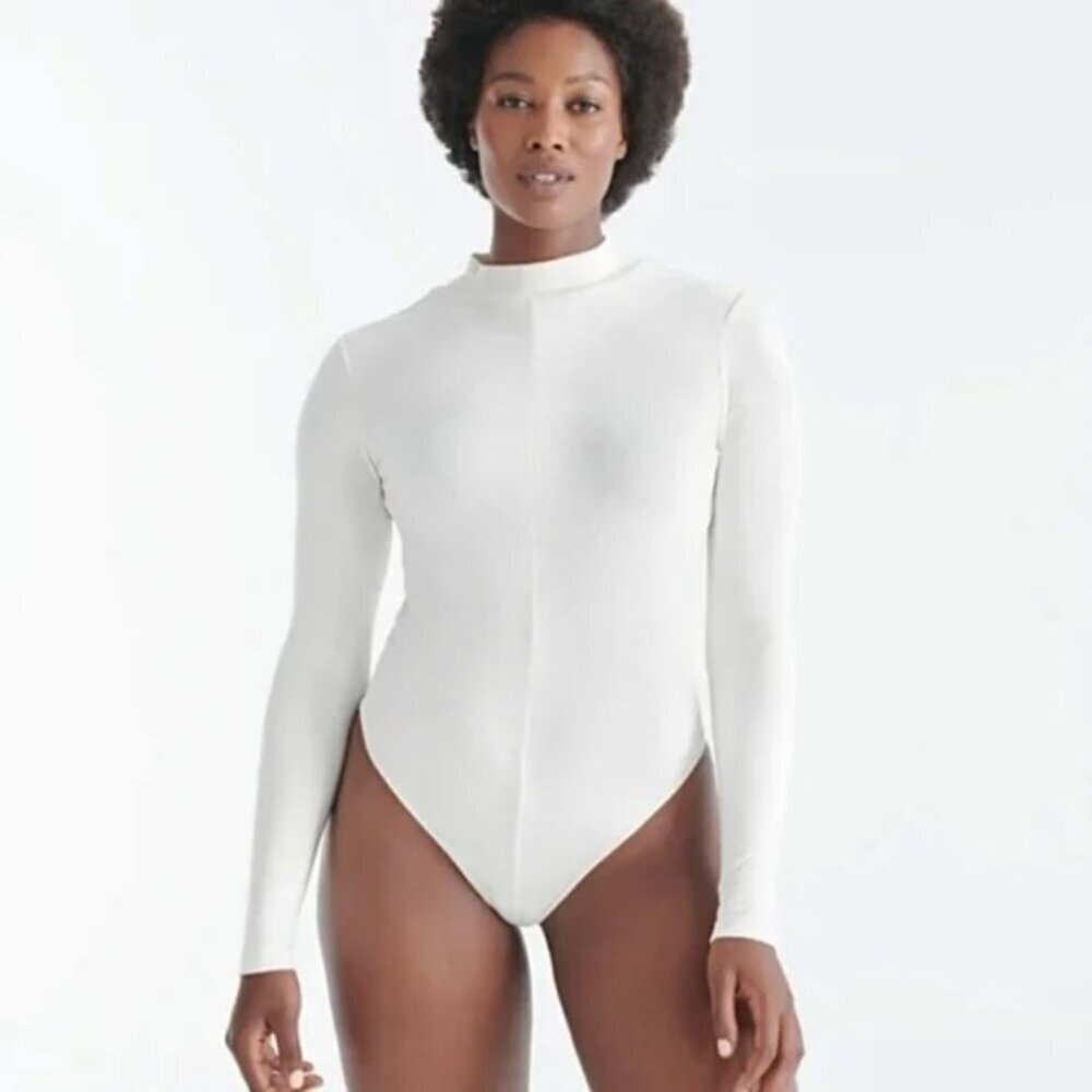 knix | Birds Papaya Cream Ribbed Mock Neck Long Sleeve Bodysuit - Size XL